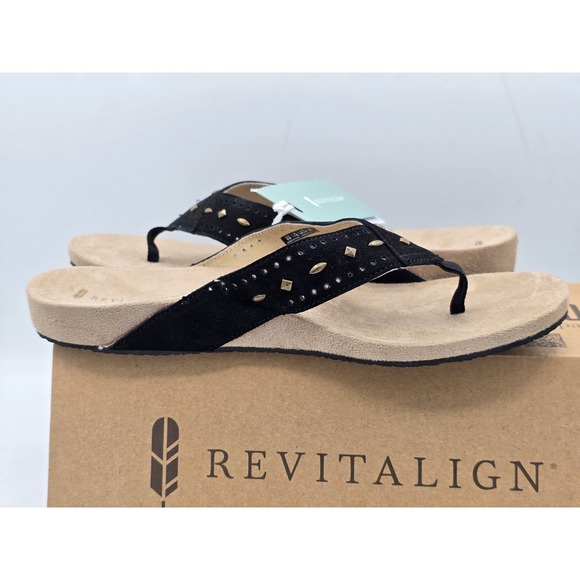 REVITALIGN Women's Kena Studded Flip-Flop Black Suede Women's Sz 9B NWOB Comfy - Picture 6 of 13